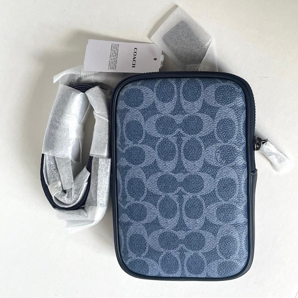 Coach Aden Crossbody CW364 Blue Signature Canvas Leather Sling Bag